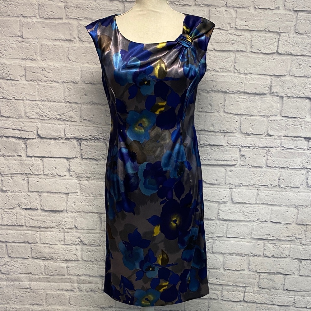 Evan Picone Satin Blue and Yellow Floral Midi Dress Size 4